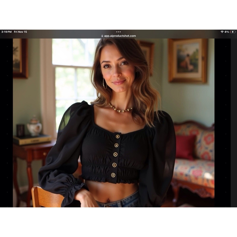Womens S Black Ruched Cropped Top Ruffles Sheer Gothic Fairy 
Witchy Peasant